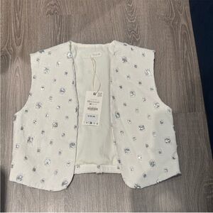 Zara White Vest with Silver Sequins Cropped Vest